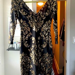 Formal black bodycon dress with gold sequin detailing